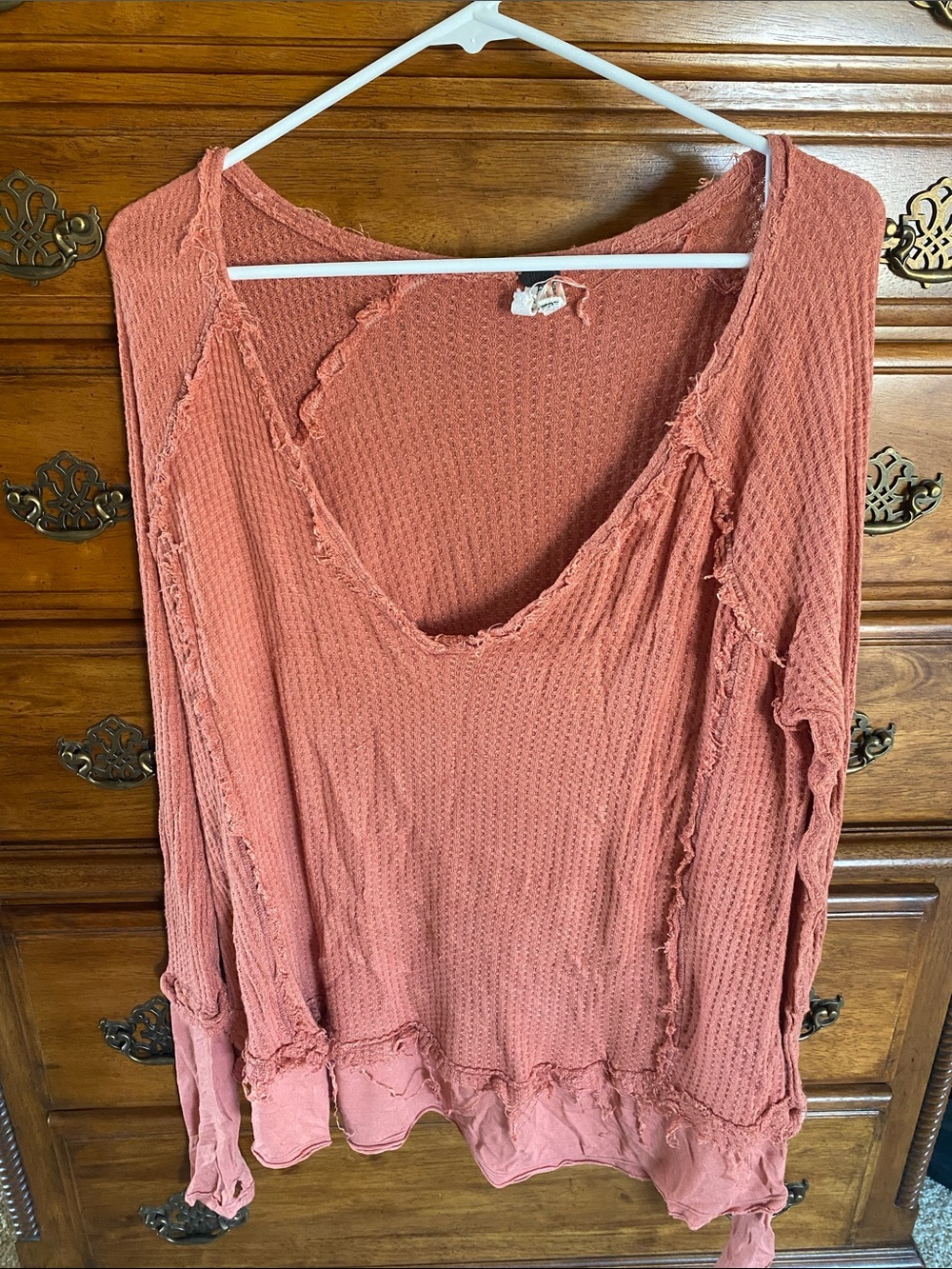 We The Free Rust Pink Waffle Knit Raw-Edge Long Sleeve Top
